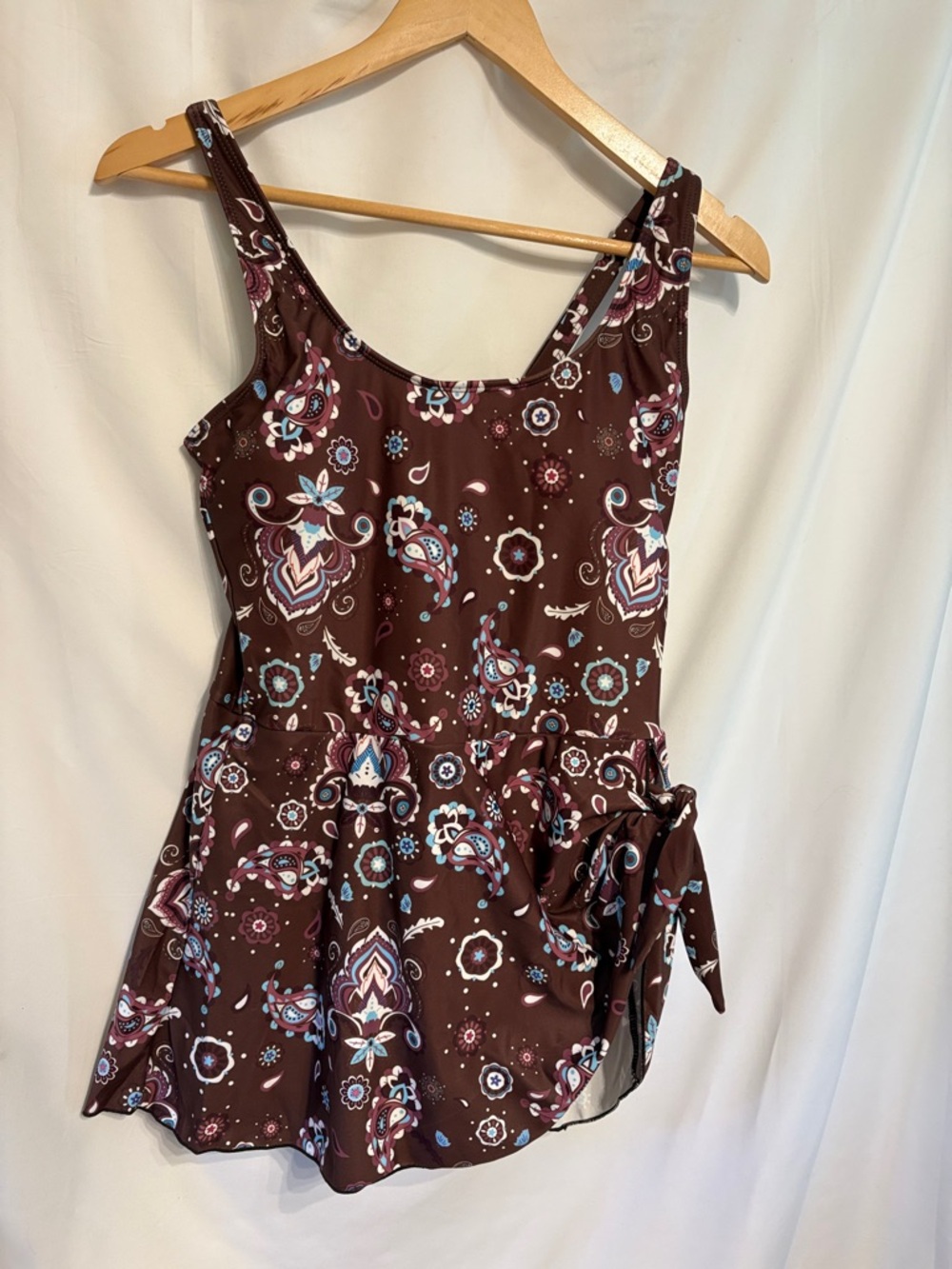 Brown Paisley Modest One piece swimsuit  with Tie Waist SZ L NWOT